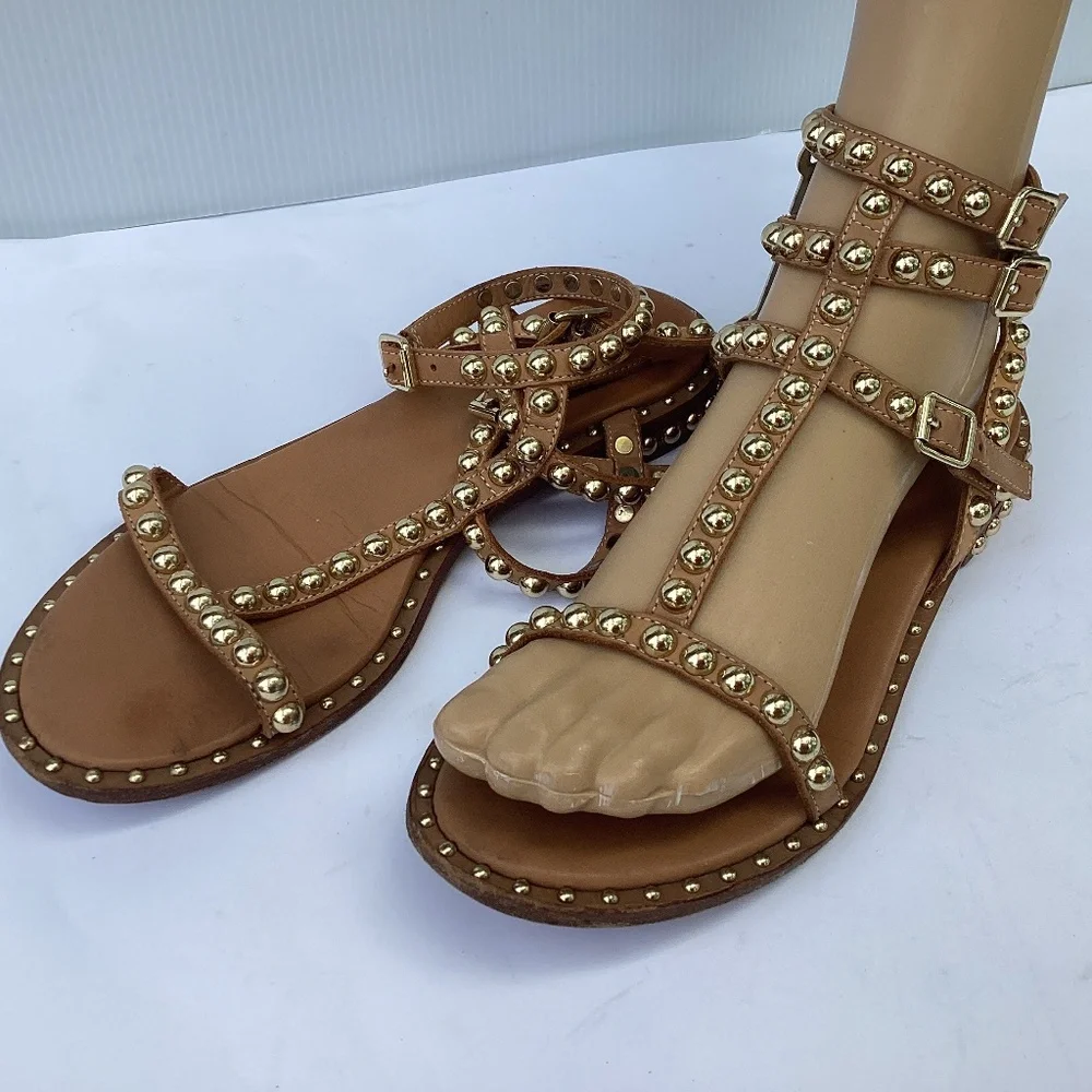 Ash Tan Leather Studded Gladiator Sandals with Gold Studs